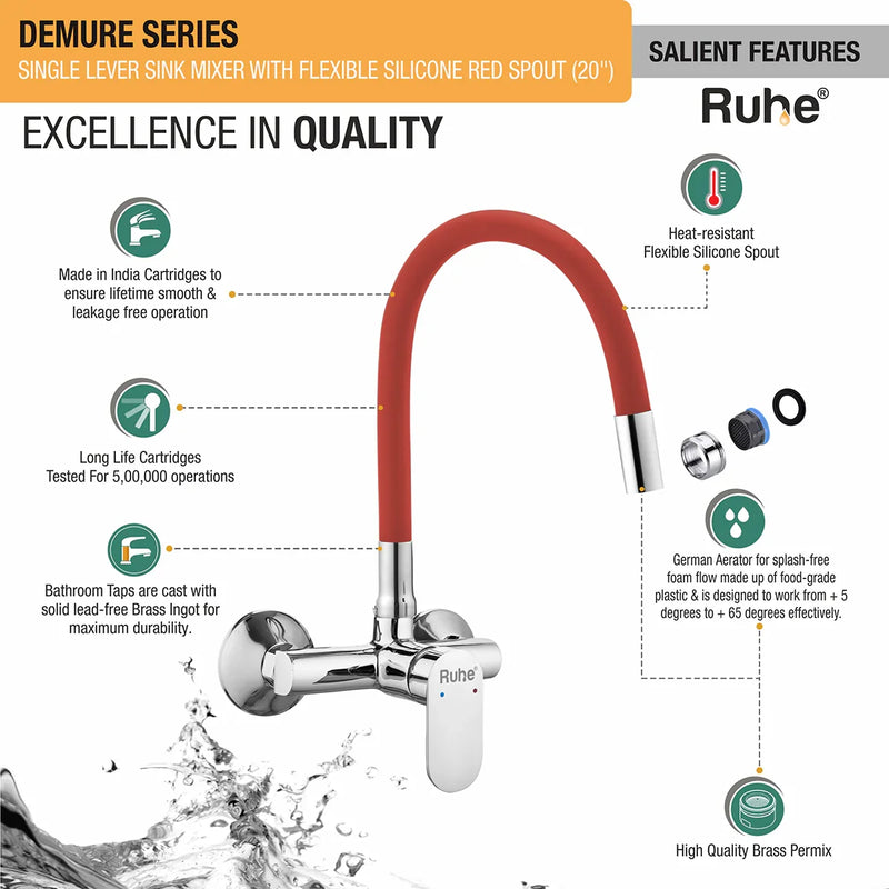 Demure Single Lever Wall-mount Kitchen Sink Mixer Tap with Coloured Silicone Spout