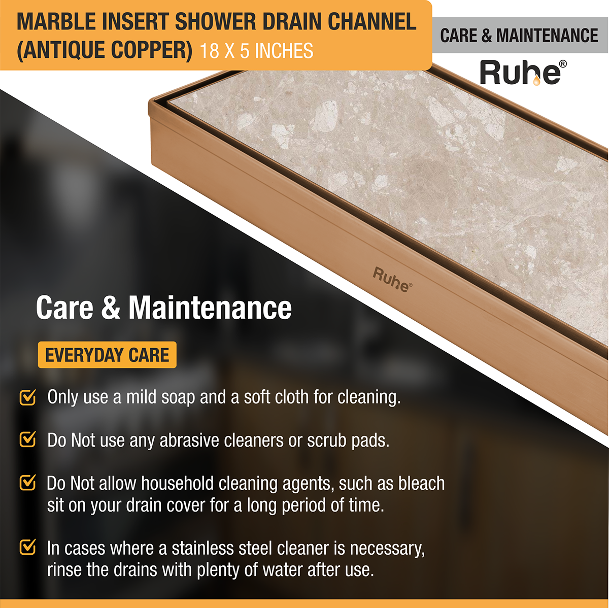 Marble Insert Shower Drain Channel (18 x 5 Inches) ROSE GOLD PVD Coated care and maintenance