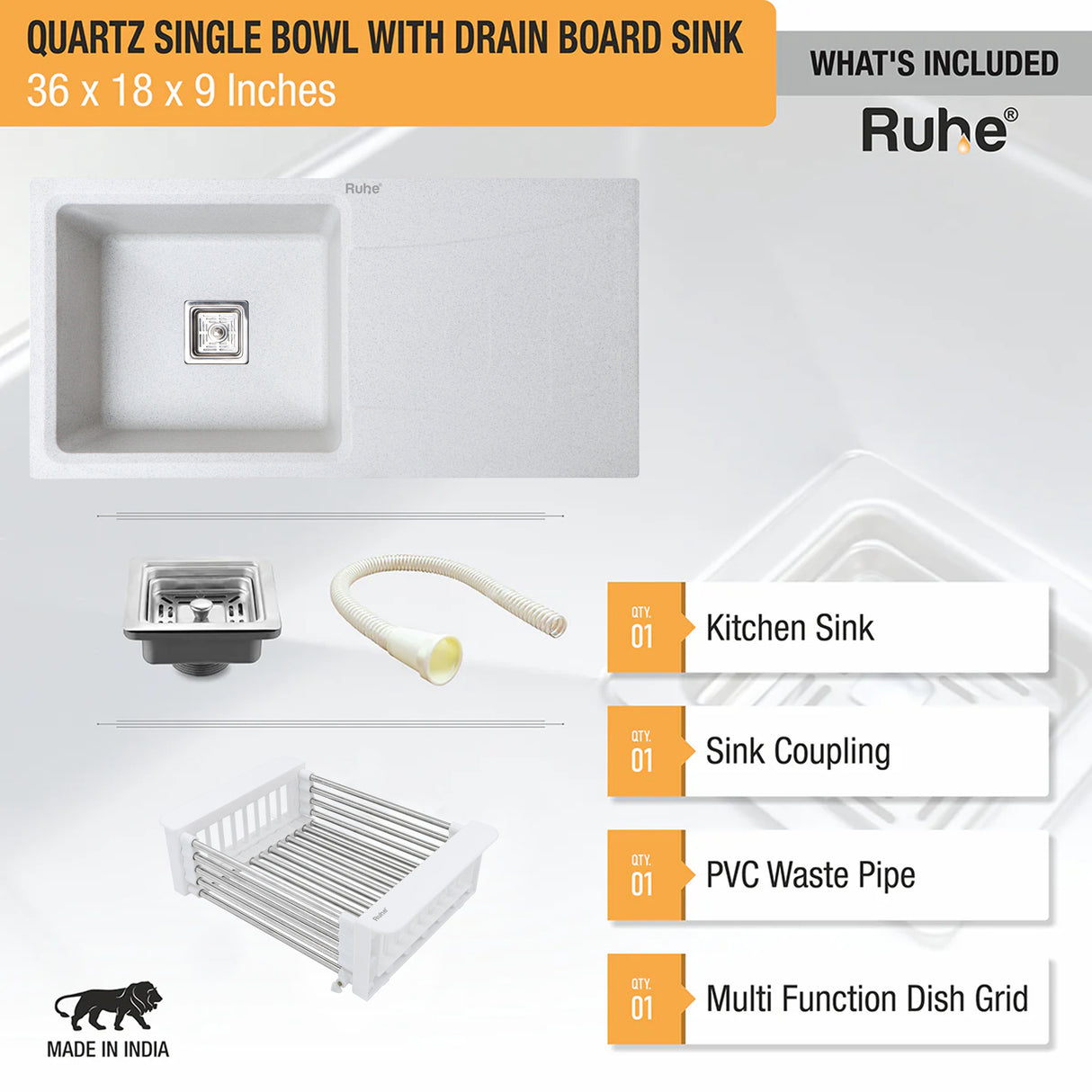 Quartz Single Bowl with Drainboard Kitchen Sink - Sand Pluto (36 x 18 x 9 inches) - by Ruhe