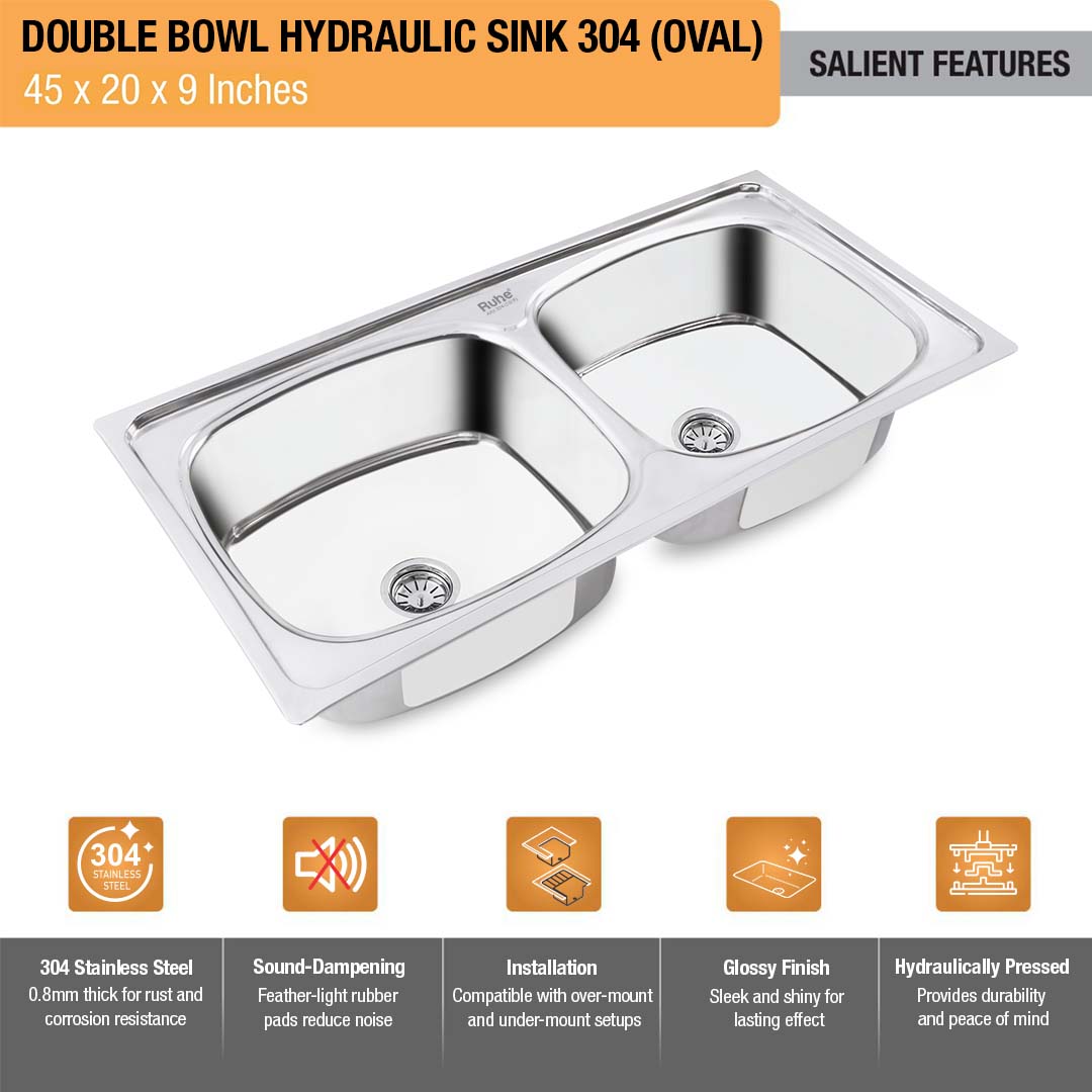 Oval Double Bowl 304-Grade (45 x 20 x 9 inches) Kitchen Sink - by Ruhe®