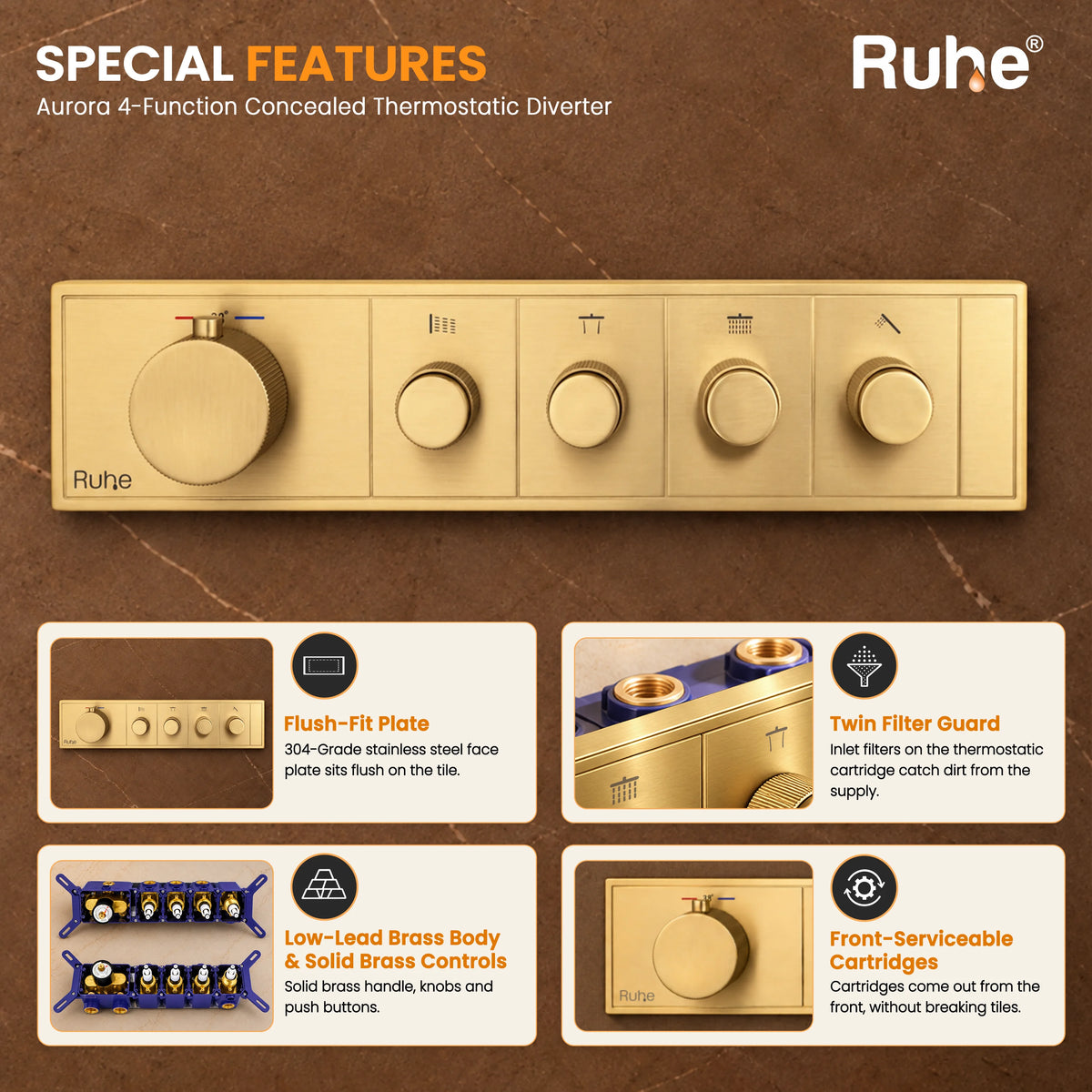 Aurora 4-Function Brass Concealed Thermostatic Diverter