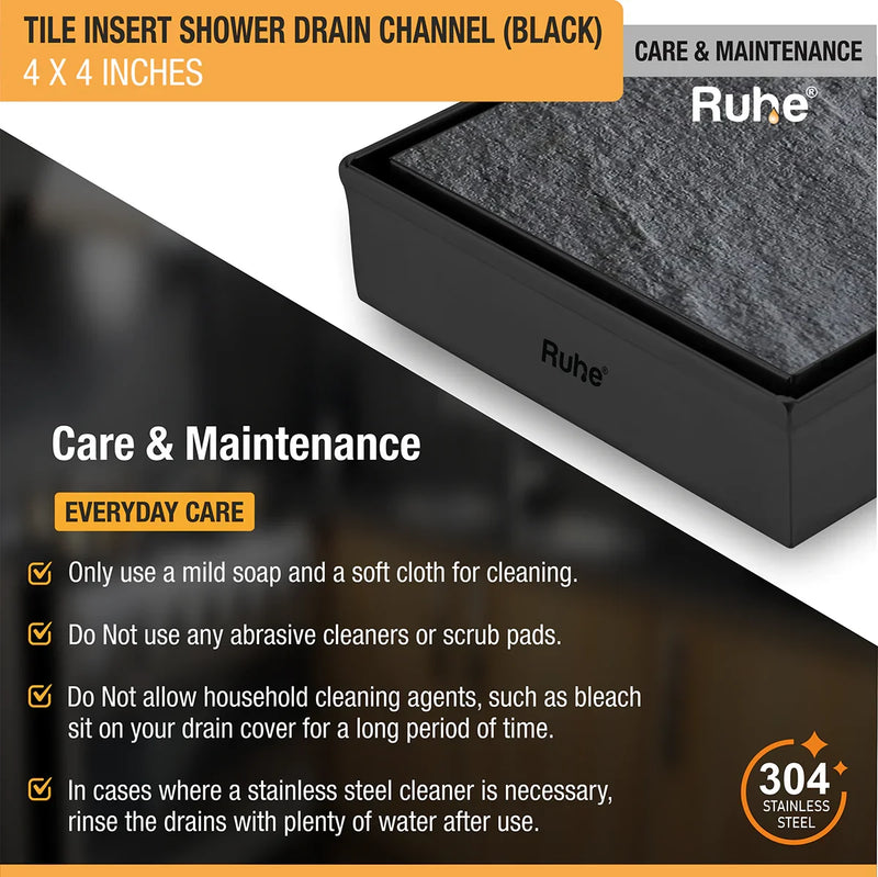 Tile Insert Shower Drain Channel (4 x 4 Inches) Black PVD Coated - by Ruhe