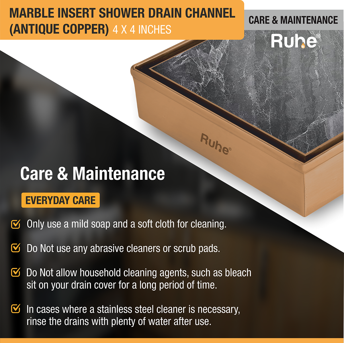 Marble Insert Shower Drain Channel (4 x 4 Inches) ROSE GOLD PVD Coated - by Ruhe®