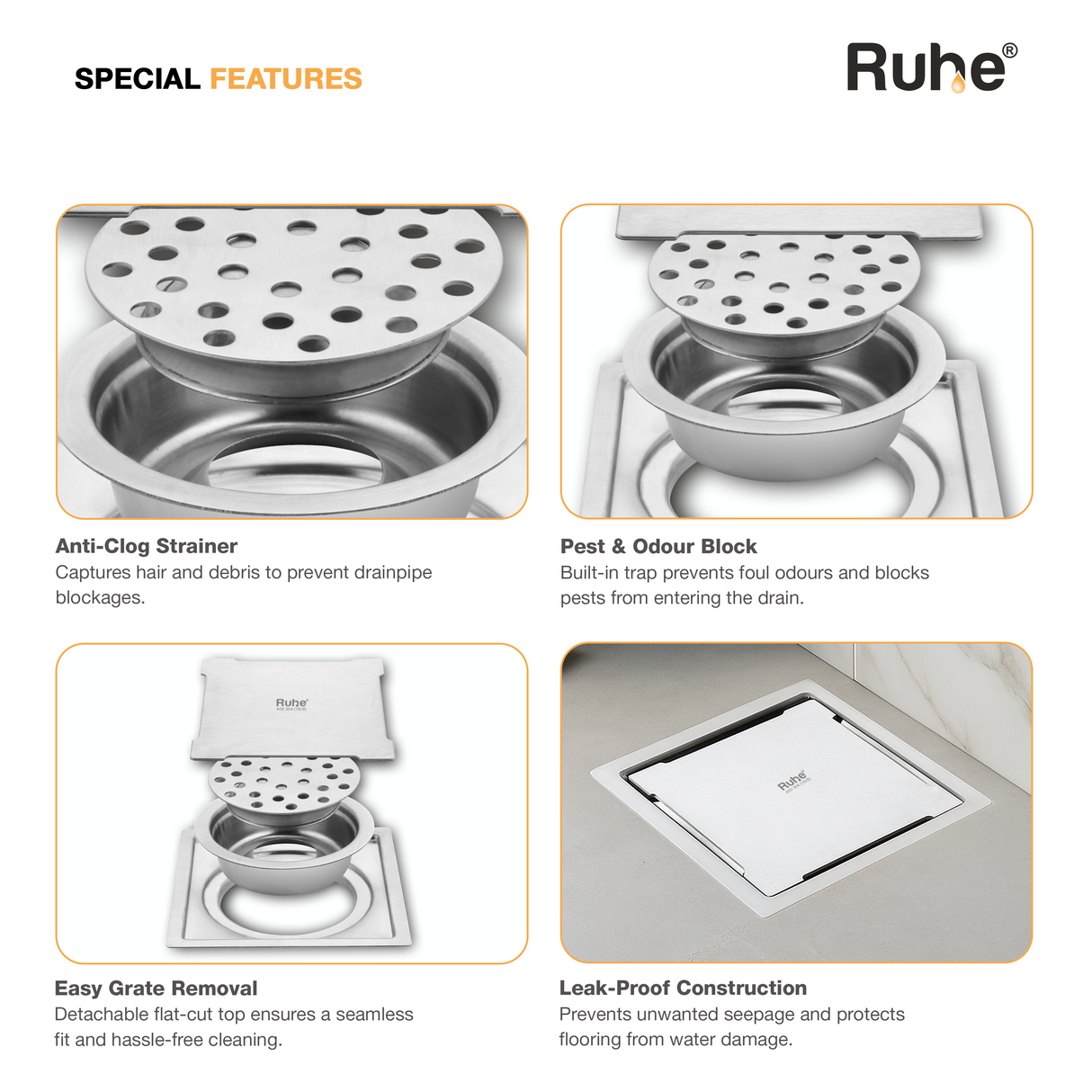 Diamond Square Flat Cut Floor Drain