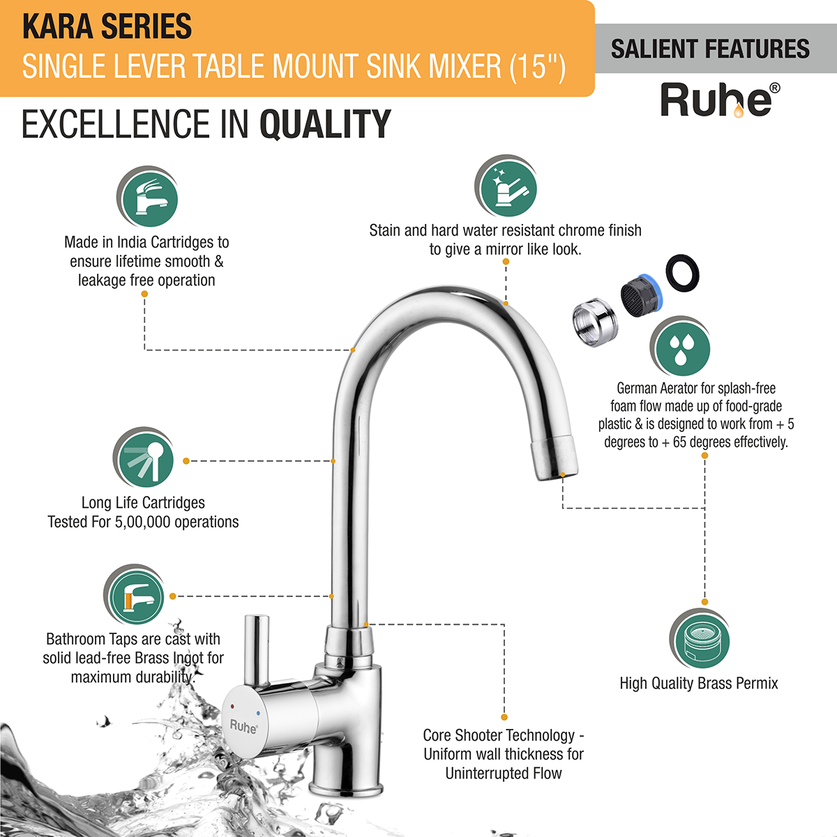 Kara Single Lever Table-Mount Sink Mixer with Medium (15 Inches) Round Swivel Spout Brass Faucet features and benefits
