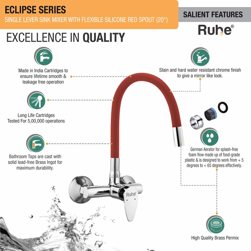 Eclipse Single Lever Wall-mount Kitchen Sink Mixer Tap with Coloured Silicone Spout