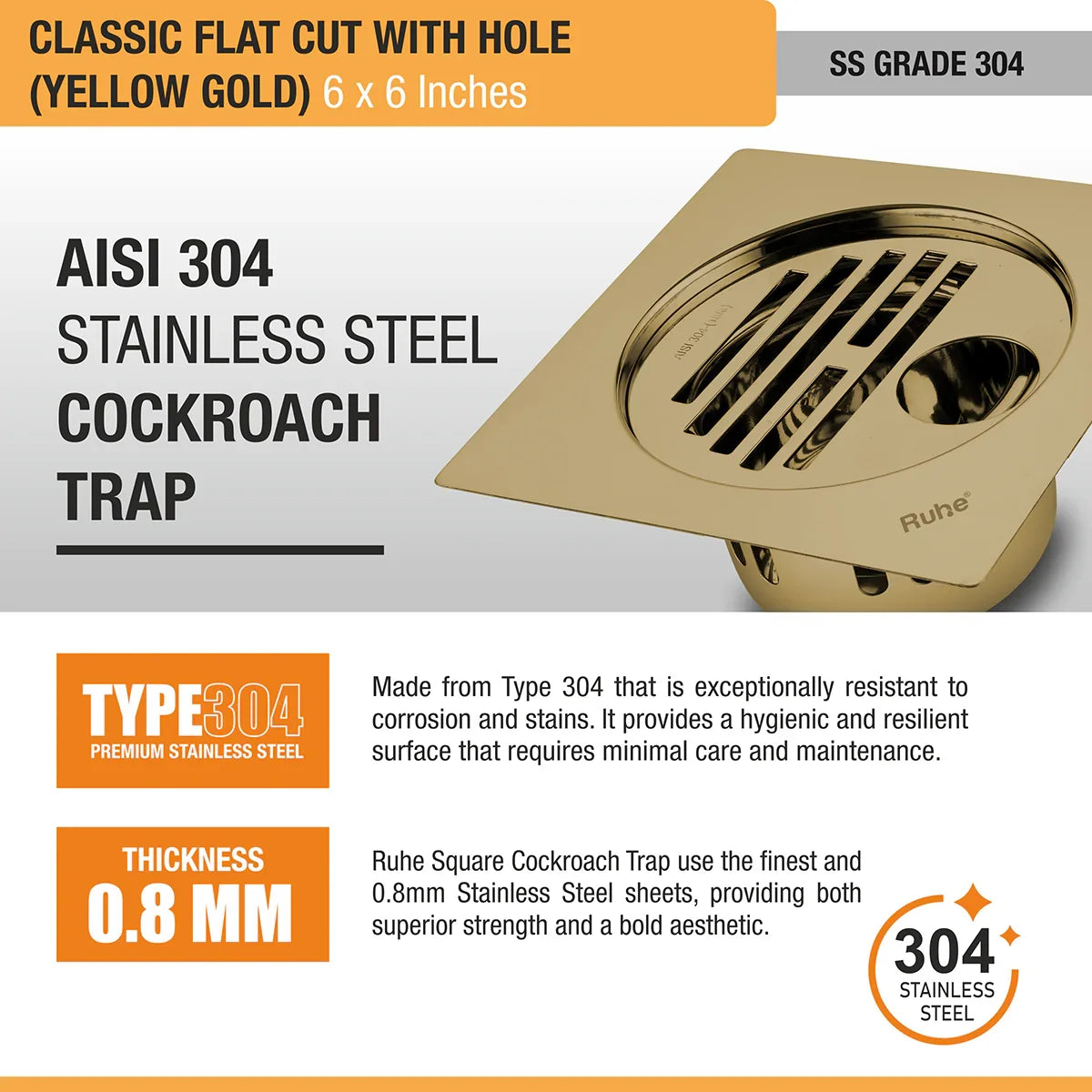 Classic Square Flat Cut Floor Drain in Yellow Gold PVD Coating (6 x 6 Inches) with Hole - by Ruhe