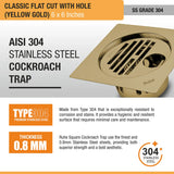 Classic Square Flat Cut Floor Drain in Yellow Gold PVD Coating (6 x 6 Inches) with Hole ss grade 304
