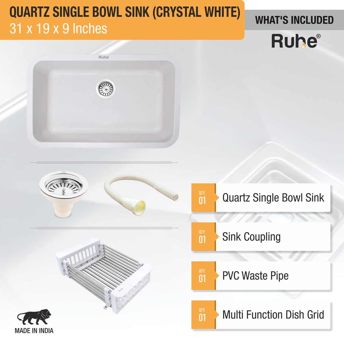 Quartz Single Bowl Kitchen Sink - Crystal White (31 x 19 x 9 inches) - by Ruhe®