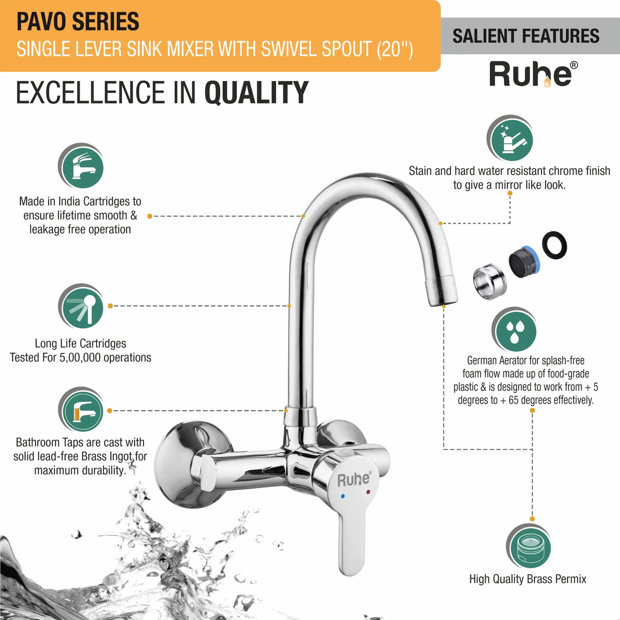 Pavo Single Lever Wall-mount Kitchen Sink Mixer Tap with Swivel Spout