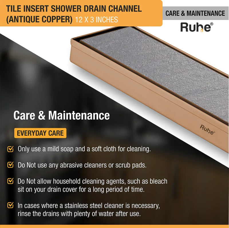 Tile Insert Shower Drain Channel (12 x 3 Inches) Antique Copper PVD Coated - by Ruhe