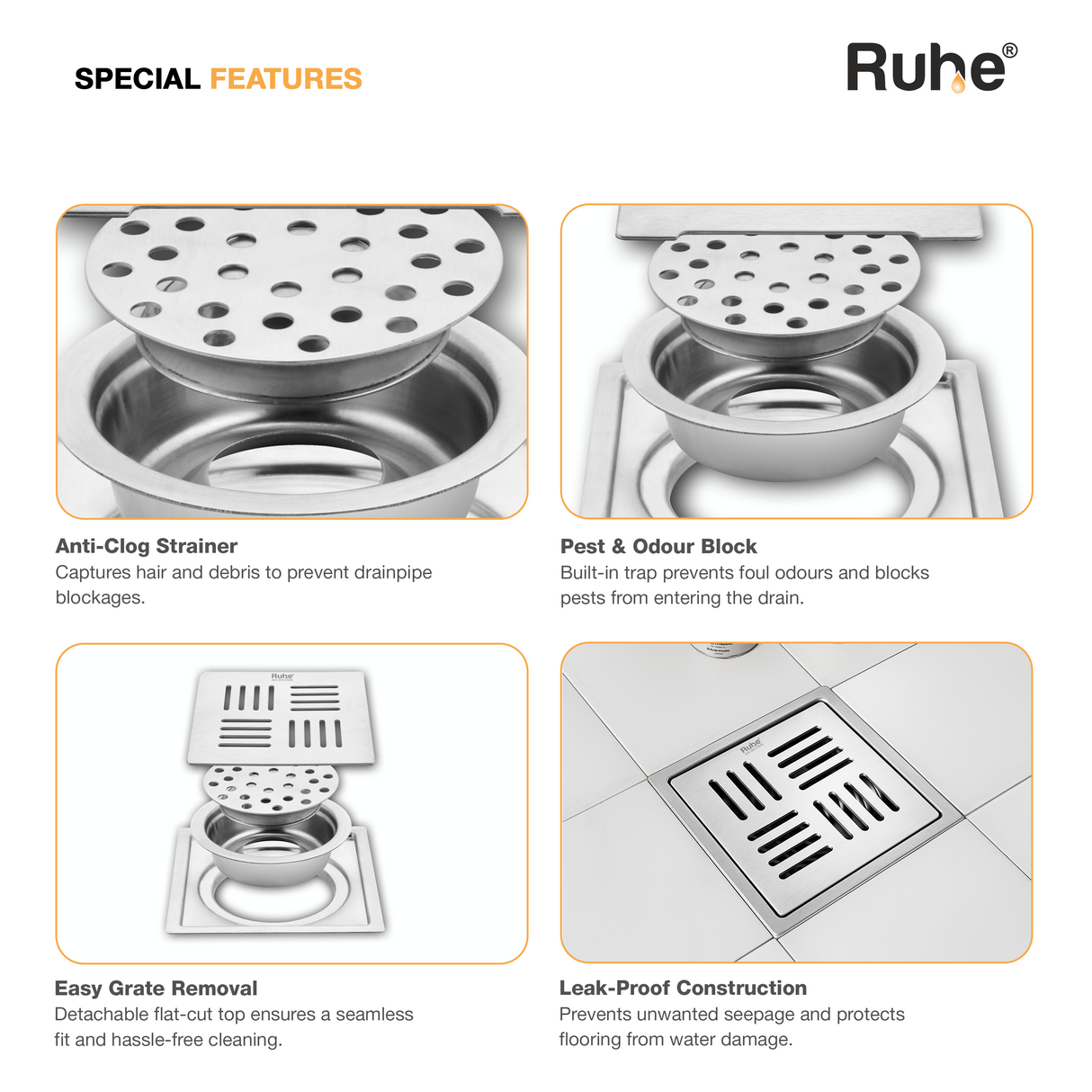 Ruby Square Flat Cut Floor Drain