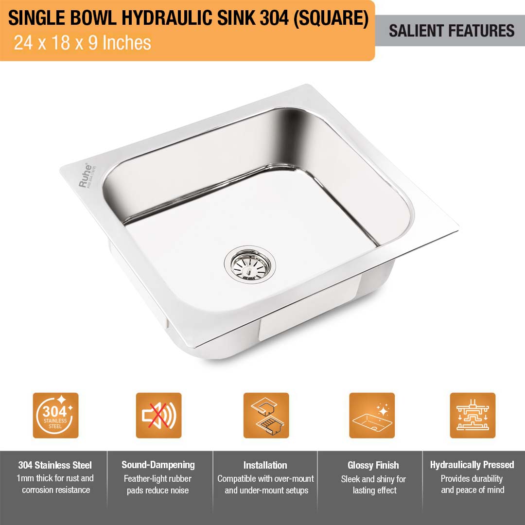 Square Single Bowl 304-Grade Kitchen Sink (24 x 18 x 9 inches)– by Ruhe