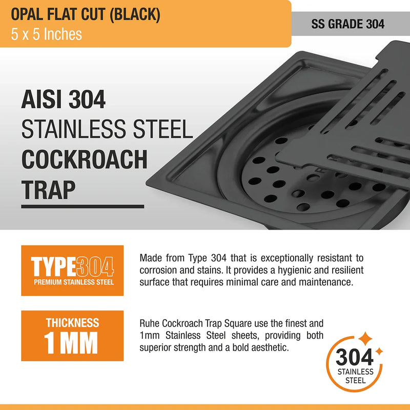 Opal Square Flat Cut Floor Drain in Black PVD Coating (5 x 5 Inches) - by Ruhe