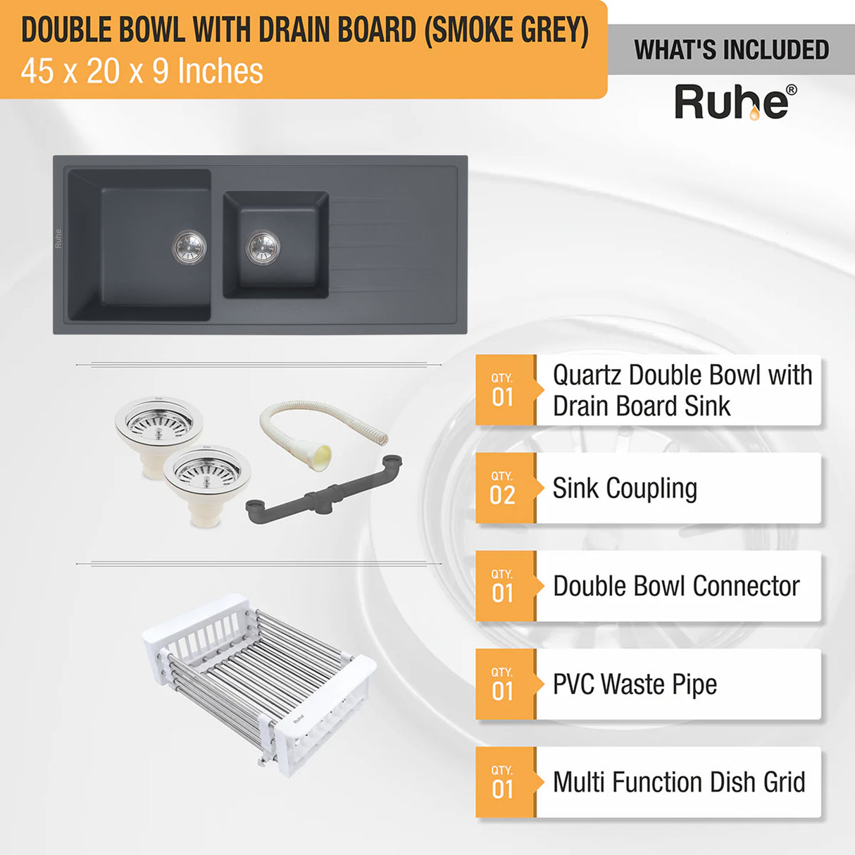 Quartz Double Bowl with Drainboard Kitchen Sink - Smoke Grey (45 x 20 x 9 inches) - by Ruhe