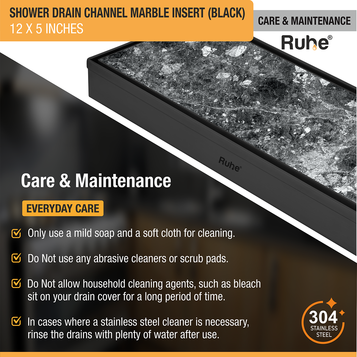 Marble Insert Shower Drain Channel (12 x 5 Inches) Black PVD Coated - by Ruhe®