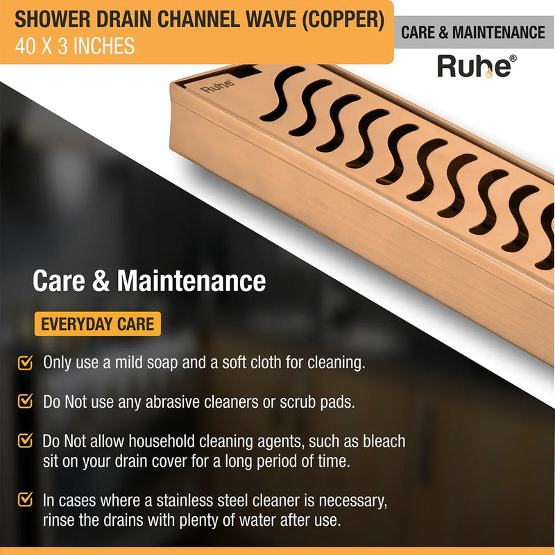 Wave Shower Drain Channel (40 x 3 Inches) Antique Copper PVD Coated - by Ruhe