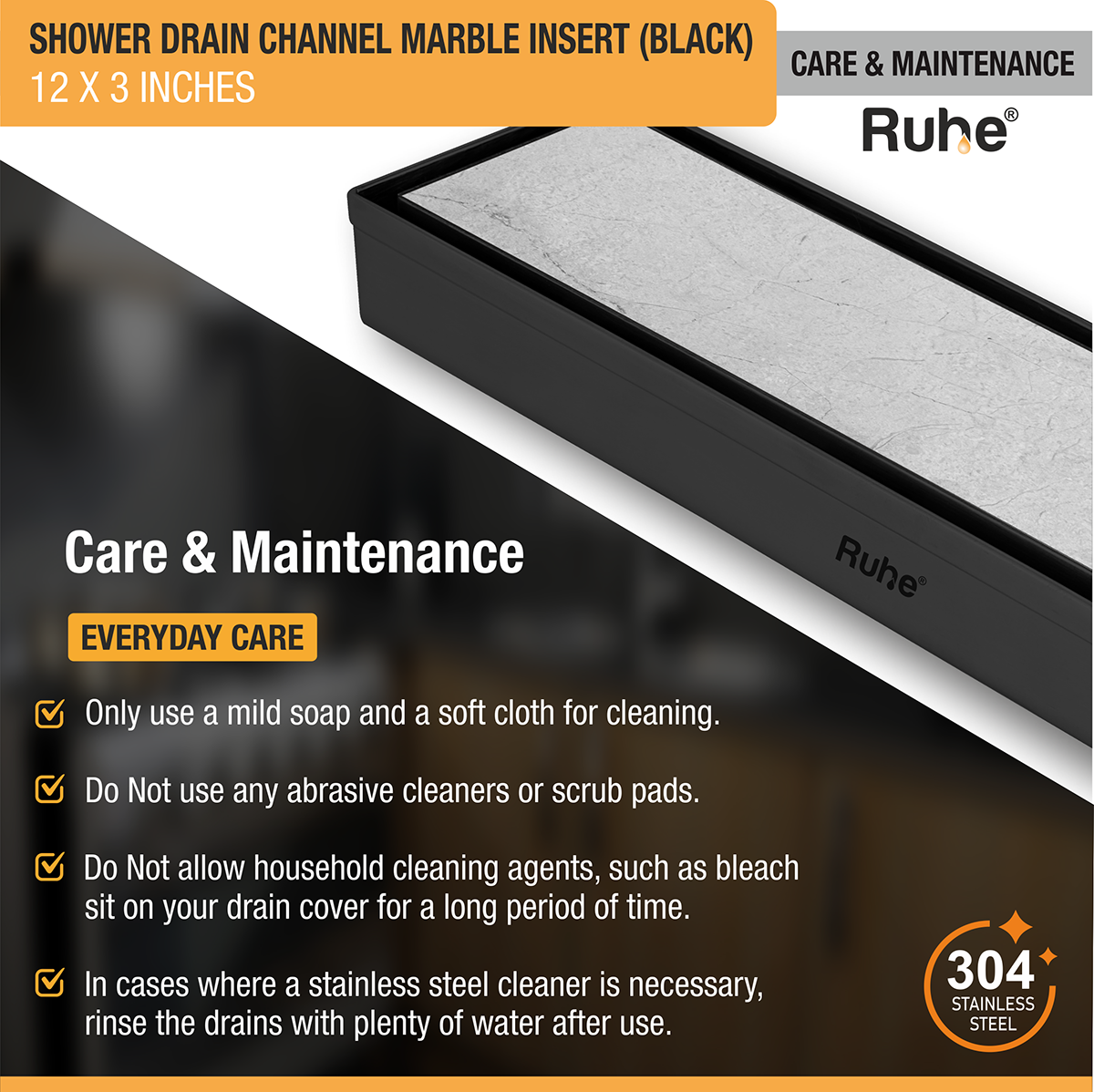 Marble Insert Shower Drain Channel (12 x 3 Inches) Black PVD Coated - by Ruhe