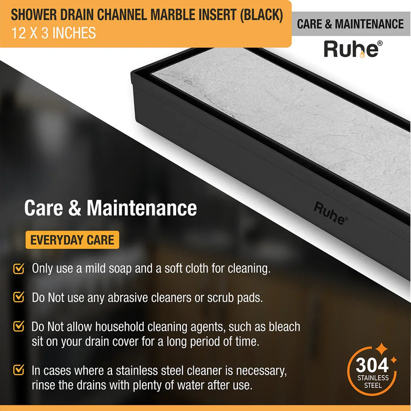Marble-Insert Shower Drain Channel Black (3 Inches)
