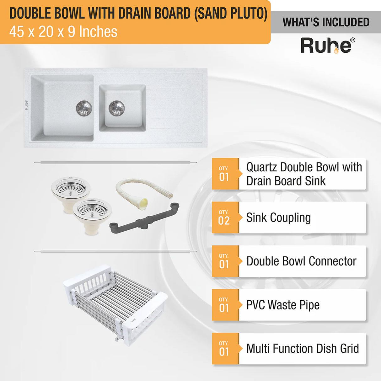 Quartz Double Bowl with Drainboard Kitchen Sink - Sand Pluto (45 x 20 x 9 inches) - by Ruhe®