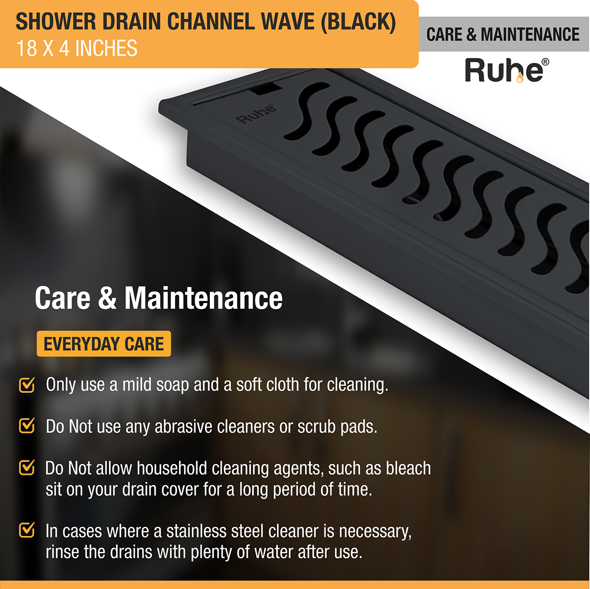 Wave Shower Drain Channel (18 x 4 Inches) Black PVD Coated care and maintenance