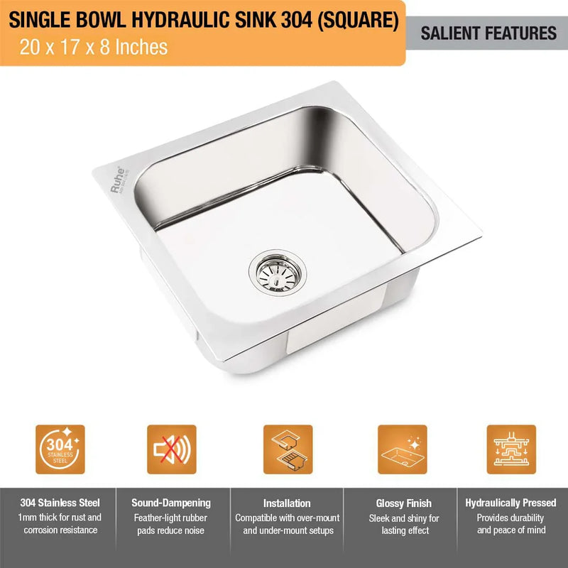 Single Bowl Kitchen Sink 304-Grade (20 x 17 x 8 Inches)