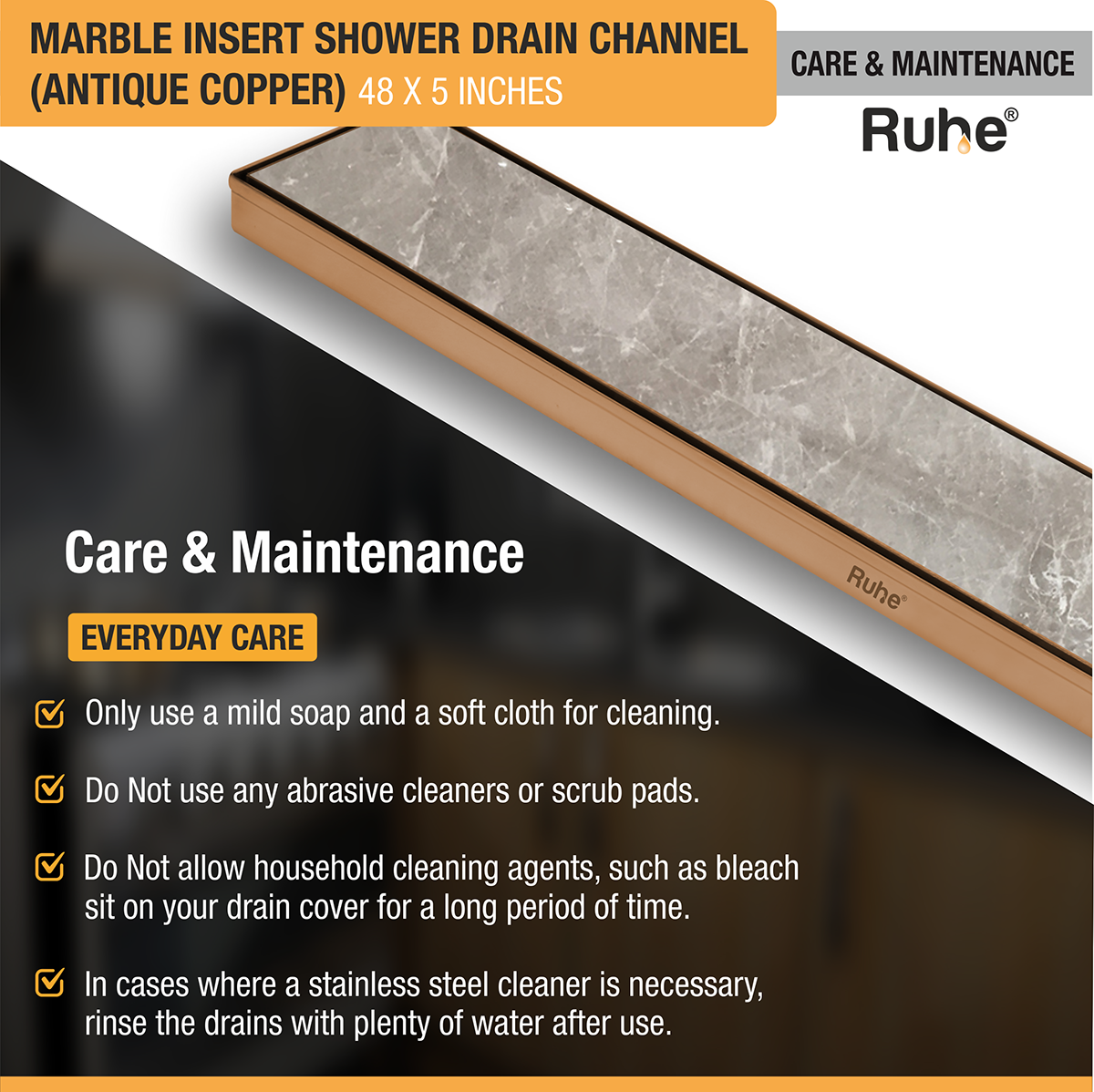 Marble Insert Shower Drain Channel (48 x 5 Inches) ROSE GOLD PVD Coated care and maintenance