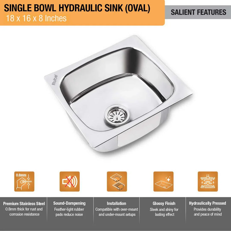 Oval Single Bowl Premium Kitchen Sink (18 x 16 x 8 Inches)