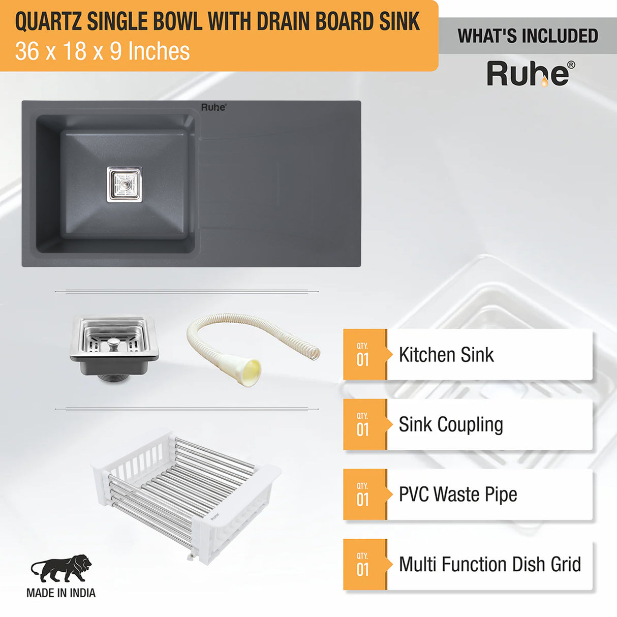 Quartz Single Bowl with Drainboard Kitchen Sink - Smoke Grey (36 x 18 x 9 inches) - by Ruhe