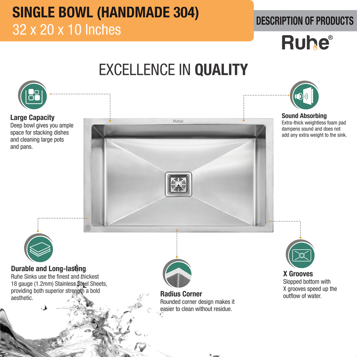 Handmade Single Bowl 304-Grade (32 x 20 x 10 Inches) Kitchen Sink - by Ruhe