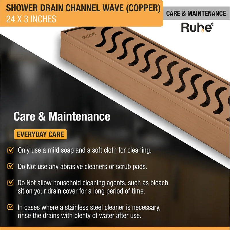 Wave Shower Drain Channel (24 x 3 Inches) Antique Copper PVD Coated - by Ruhe