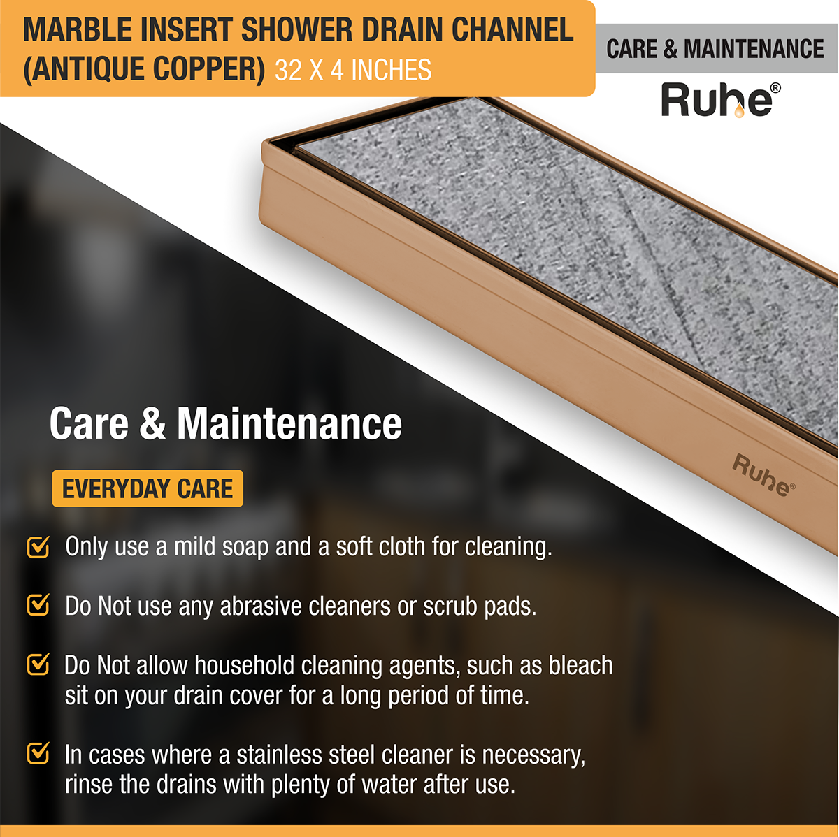 Marble Insert Shower Drain Channel (32 x 4 Inches) ROSE GOLD PVD Coated care and maintenance