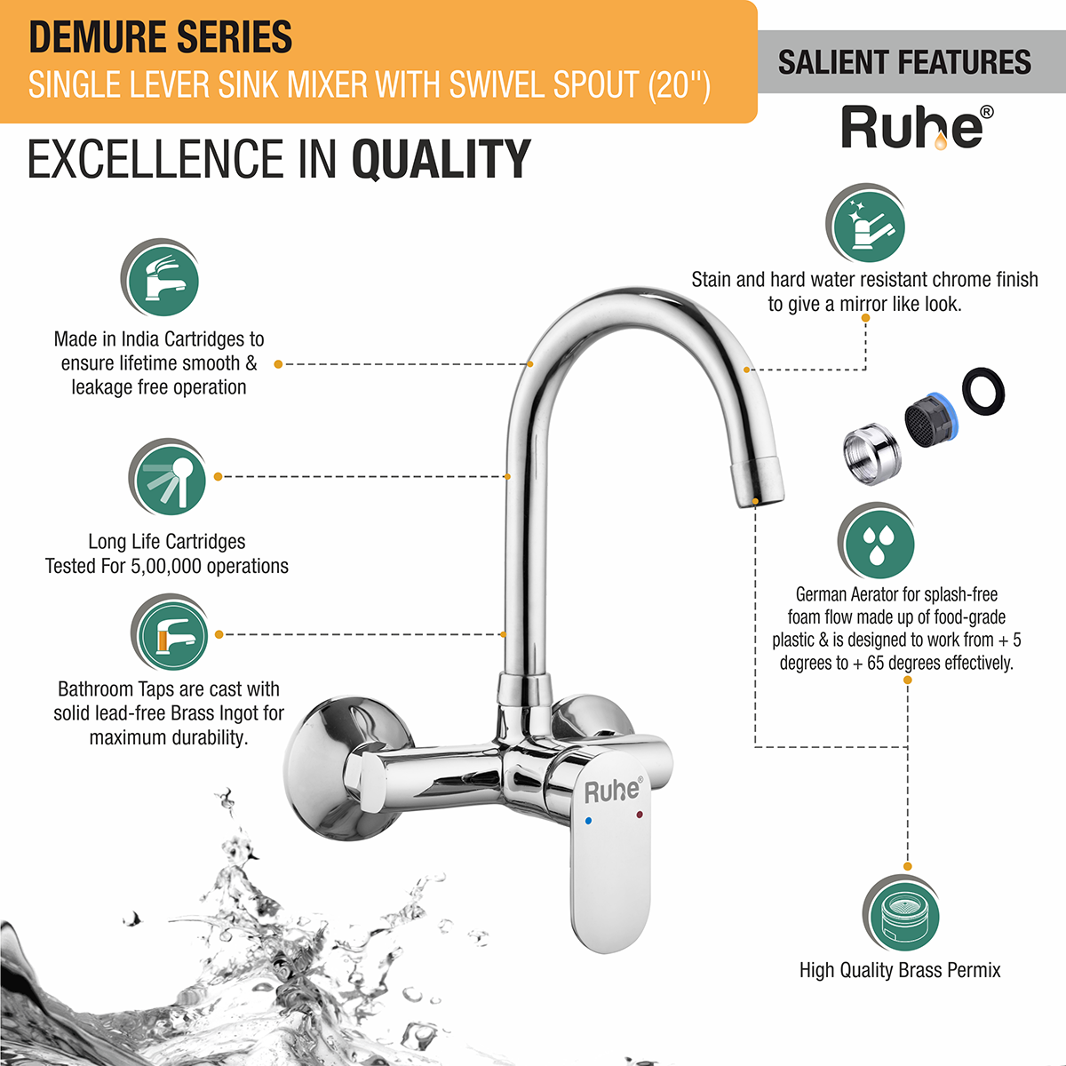Demure Single Lever Wall-mount Brass Mixer Faucet with Swivel Spout (20 Inches) - by Ruhe®