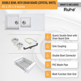 Quartz Double Bowl with Drainboard Kitchen Sink - Crystal White (45 x 20 x 9 inches) - by Ruhe®