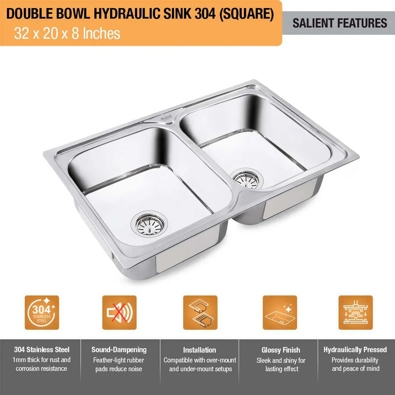 Double Bowl Kitchen Sink 304-Grade (32 x 20 x 8 Inches)