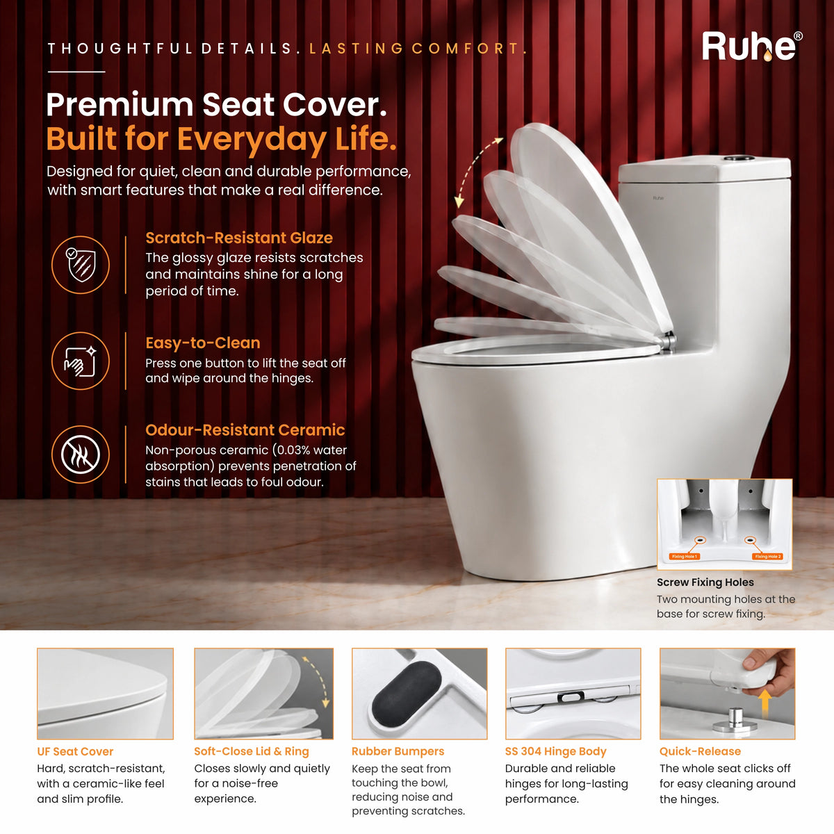 Fabia One-Piece Rimless Siphonic Western Commode with 200 mm S-Trap