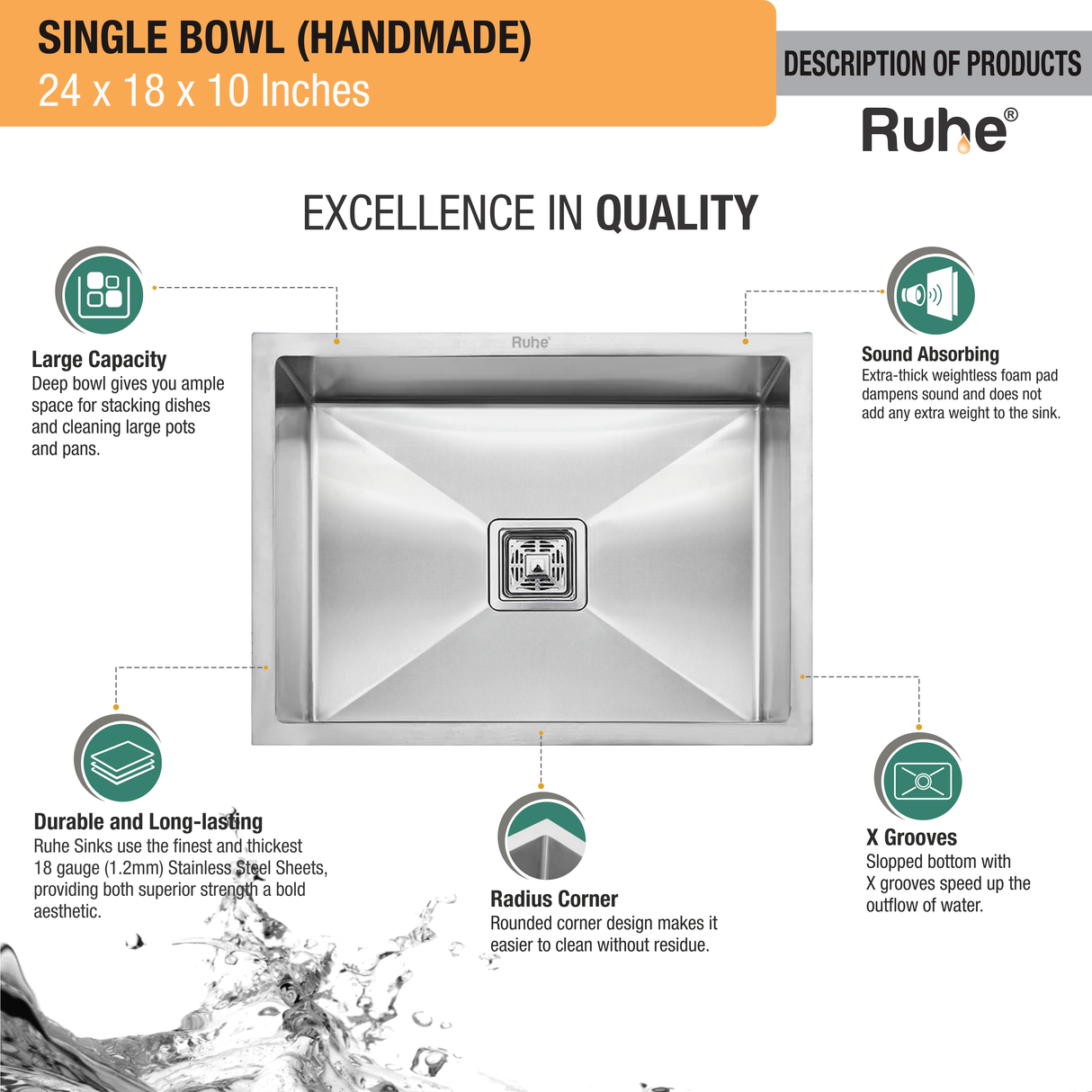 Handmade Single Bowl (24 x 18 x 10 Inches) Kitchen Sink - by Ruhe