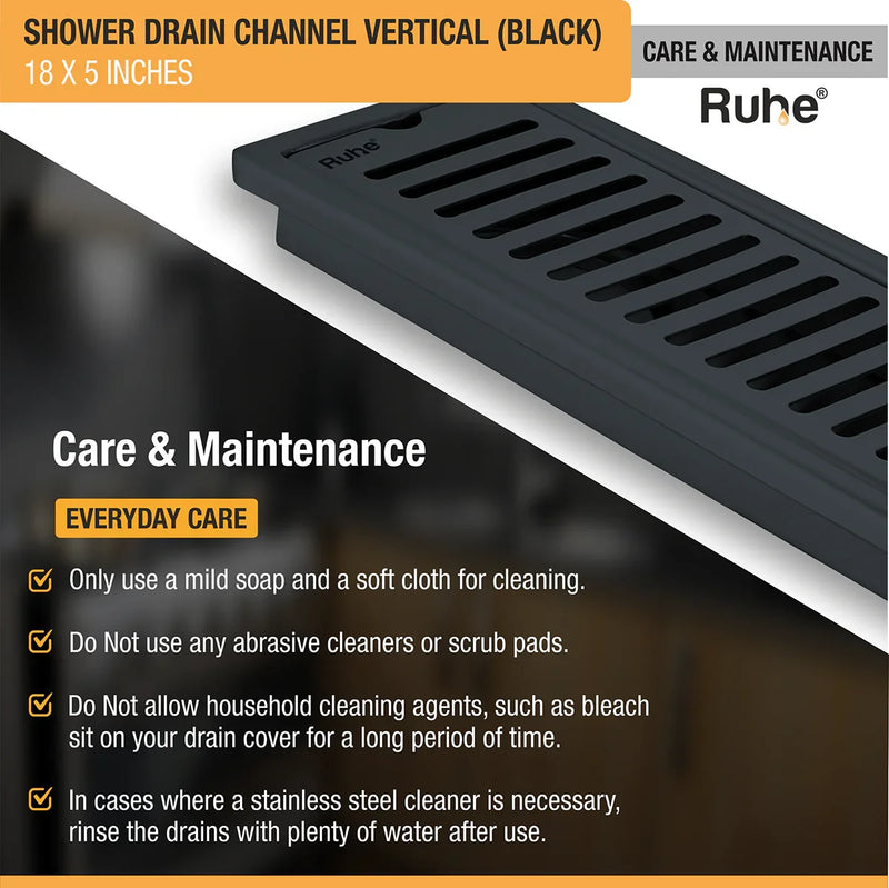 Vertical Shower Drain Channel (18 x 5 Inches) Black PVD Coated - by Ruhe