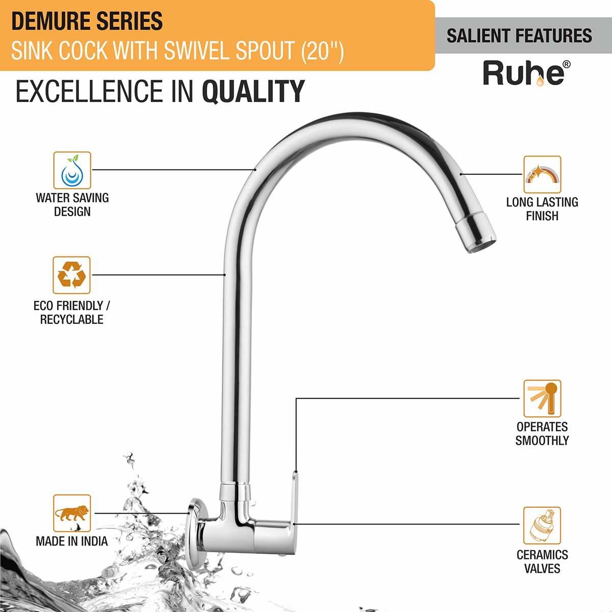 Demure Brass Kitchen Sink Tap with Large (20 inches) Round Swivel Spout - by Ruhe®
