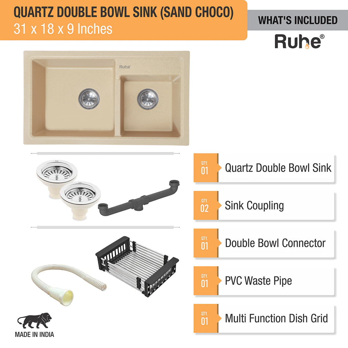 Quartz Double Bowl Kitchen Sink - Sand Choco (31 x 18 x 9 inches) - by Ruhe®