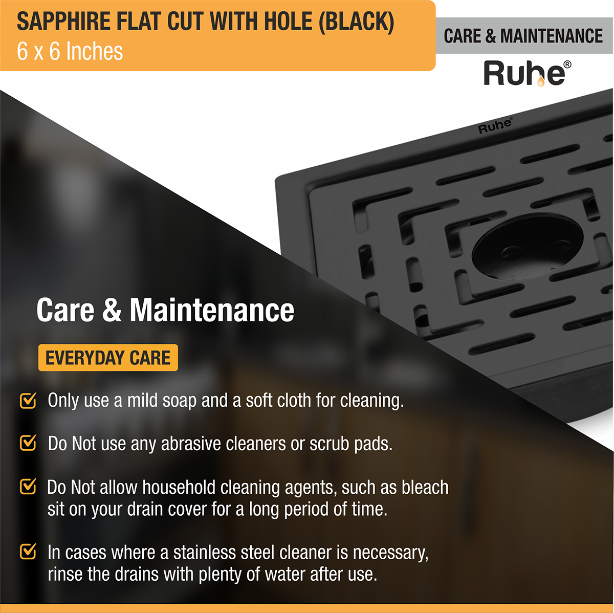 Sapphire Square Flat Cut Floor Drain in Black PVD Coating (6 x 6 Inches) with Hole - by Ruhe