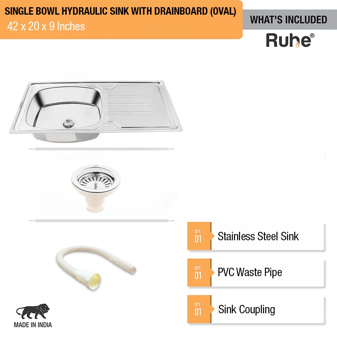 Oval Single Bowl with Drainboard (42 x 20 x 9 inches) Kitchen Sink - by Ruhe