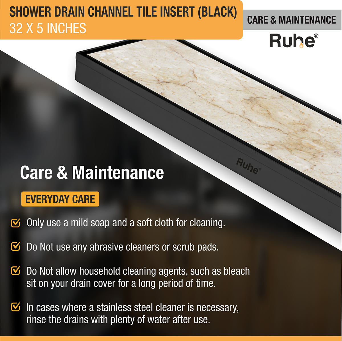 Tile Insert Shower Drain Channel (32 x 5 Inches) Black PVD Coated - by Ruhe®