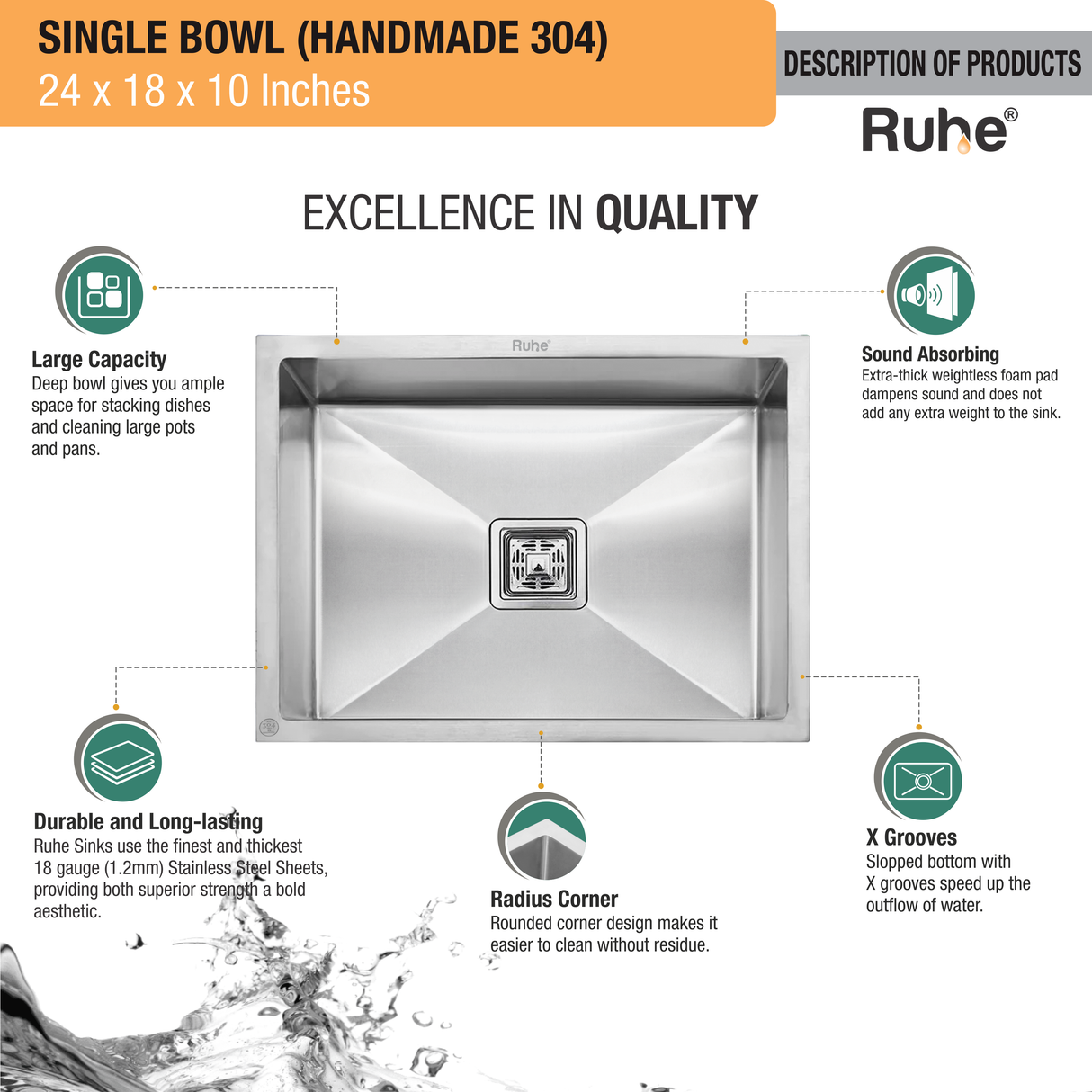 Handmade Single Bowl 304-Grade (24 x 18 x 10 Inches) Kitchen Sink - by Ruhe