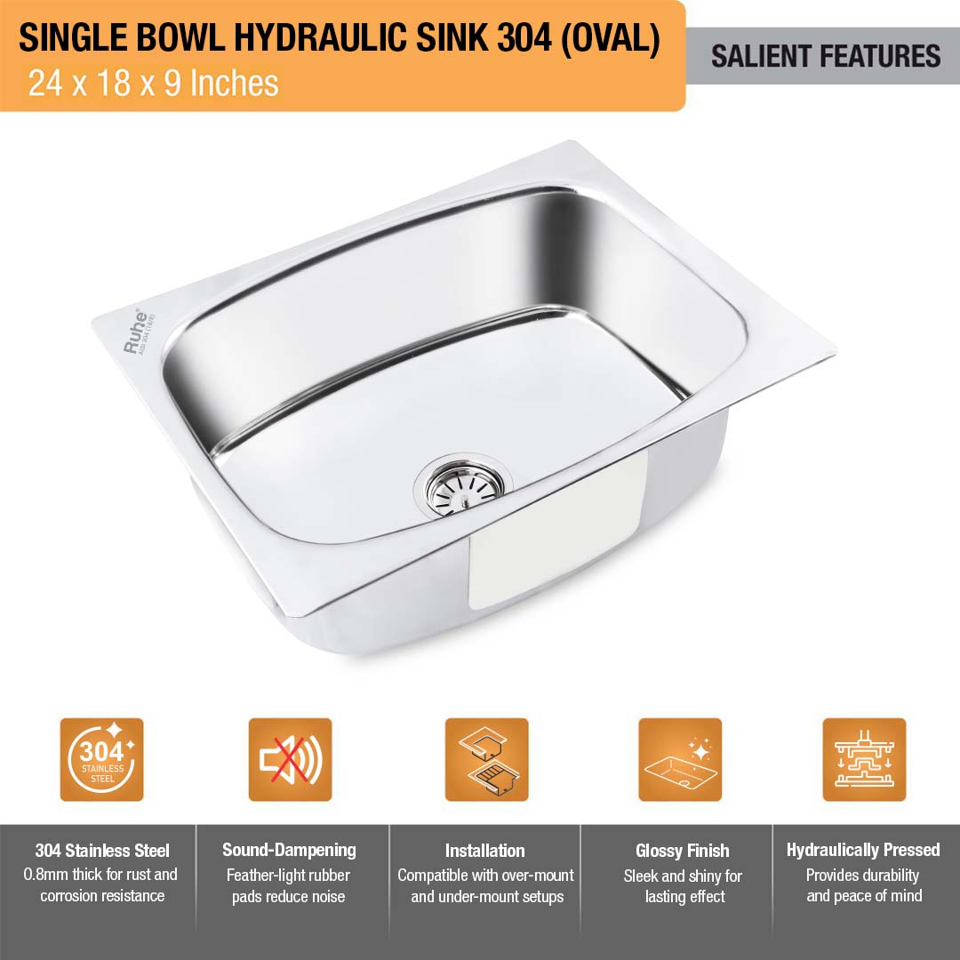 Oval Single Bowl 304-Grade Kitchen Sink (24 x 18 x 9 inches)– by Ruhe