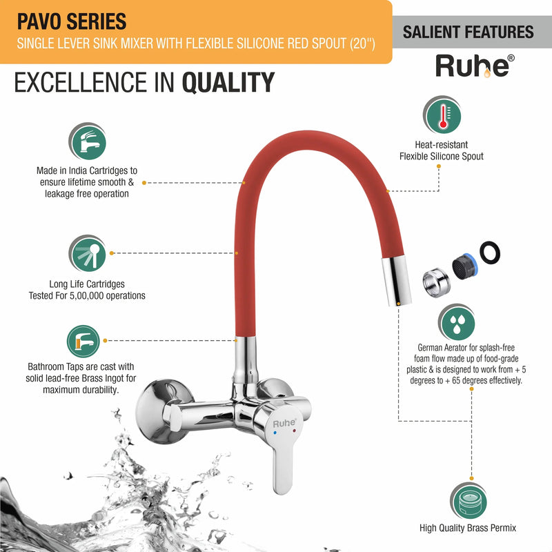 Pavo Single Lever Wall-mount Kitchen Sink Mixer Tap with Coloured Silicone Spout