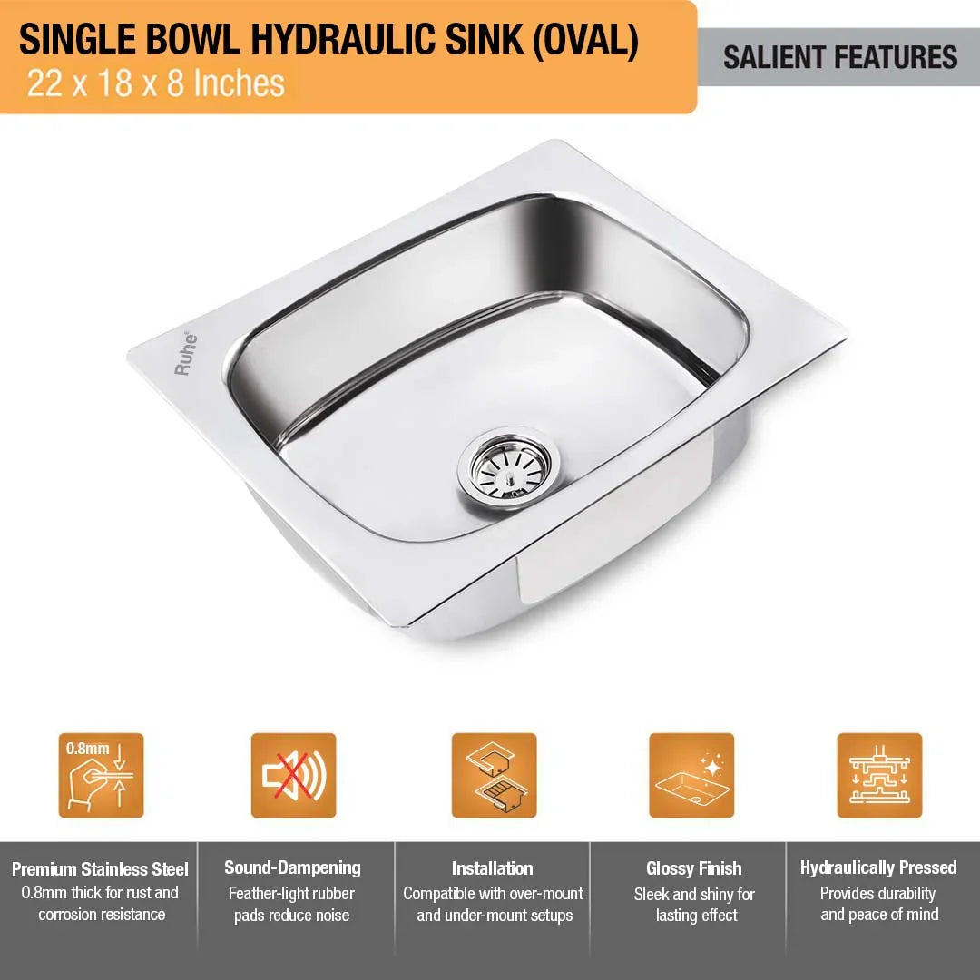 Oval Single Bowl Kitchen Sink (22 x 18 x 8 Inches)