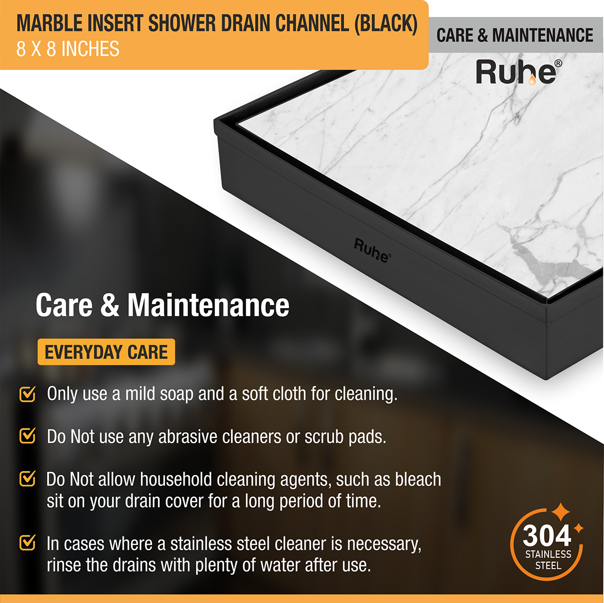 Marble Insert Shower Drain Channel (8 x 8 Inches) Black PVD Coated - by Ruhe®