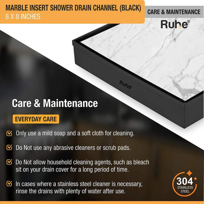 Marble-Insert Shower Drain Channel Black (8 x 8 Inches)