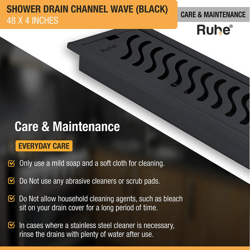 Wave Shower Drain Channel (48 x 4 Inches) Black PVD Coated - by Ruhe